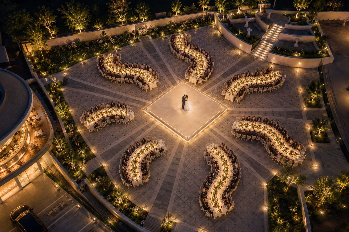 Aerial view of the Eden garden set for dinner at night